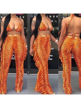 Black Bead Mesh Ruffle Swimsuit Cover Up Set High Waist S